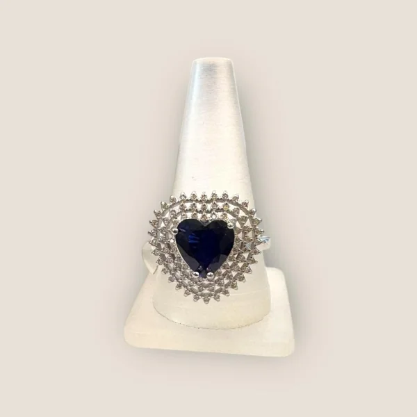 STERLING SILVER LADIES RING IN HEART SHAPE WITH BLUE STONE & ZIRCONS | SLR463