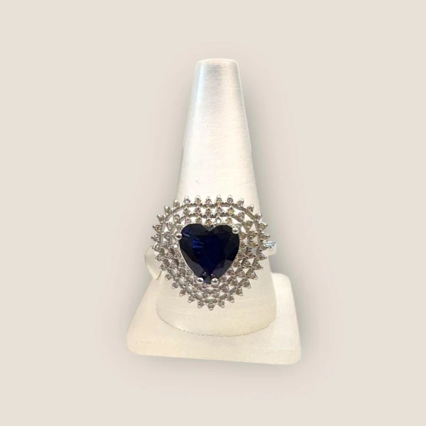 STERLING SILVER LADIES RING IN HEART SHAPE WITH BLUE STONE & ZIRCONS | SLR463