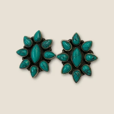 BEAUTIFUL STERLING SILVER GIRLISH EARING IN FLOWER SHAPE WITH FEROZA STONE | STP232 BEAUTIFUL STERLING SILVER GIRLISH EARING IN FLOWER SHAPE WITH FEROZA STONE | STP232