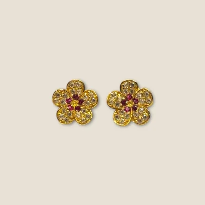 18K Gold Flower Stud Earrings with Pink & White Zircons - 1.100 GM | FS13 18K Gold Flower Stud Earrings with Pink & White Zircons - 1.100 GM | FS13