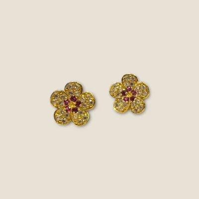 18K Gold Flower Stud Earrings with Pink & White Zircons - 1.100 GM | FS13 18K Gold Flower Stud Earrings with Pink & White Zircons - 1.100 GM | FS13