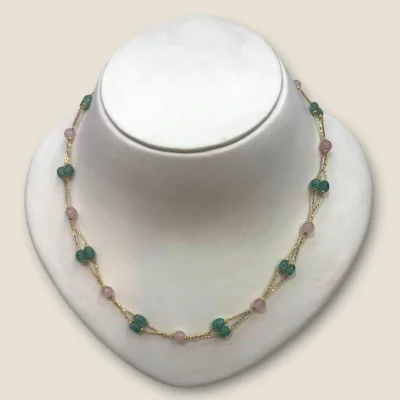 22K Gold Necklace with Green & Pink Stones | Khushi Collection
