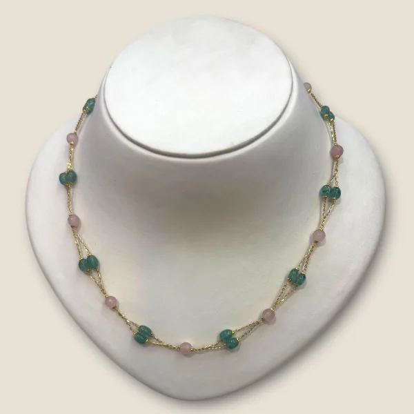 BEAUTIFUL GOLD NECKLESS WITH GREEN & PINK STONES | STJ4