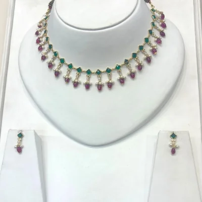 22K Gold Stone Jewellery Set | Green & Red Stones | Khushi Collection - STJ20