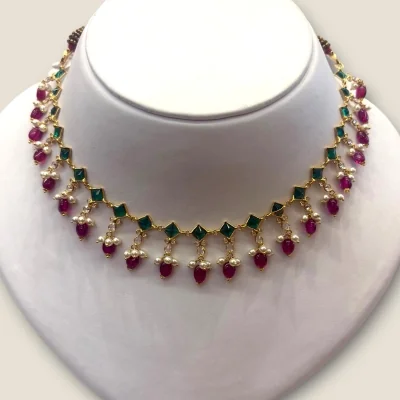 22K Gold Stone Jewellery Set | Green & Red Stones | Khushi Collection - STJ20